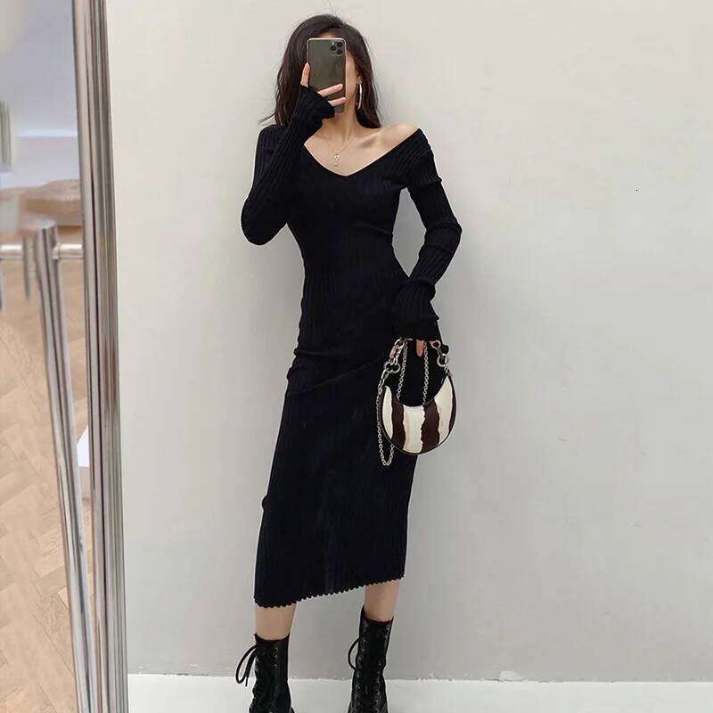 New Women Autumn Knitted V Neck Sexy Slim Elastic Oversized Basic Bodycon Sweater Winter knit Warm Long Dress Z260311