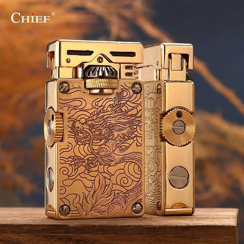 CHIEF High-end Luxury Retro Kerosene Lighter Windproof Side Sliding Wheel Exquisite Tangcao Line High-end Men N260311