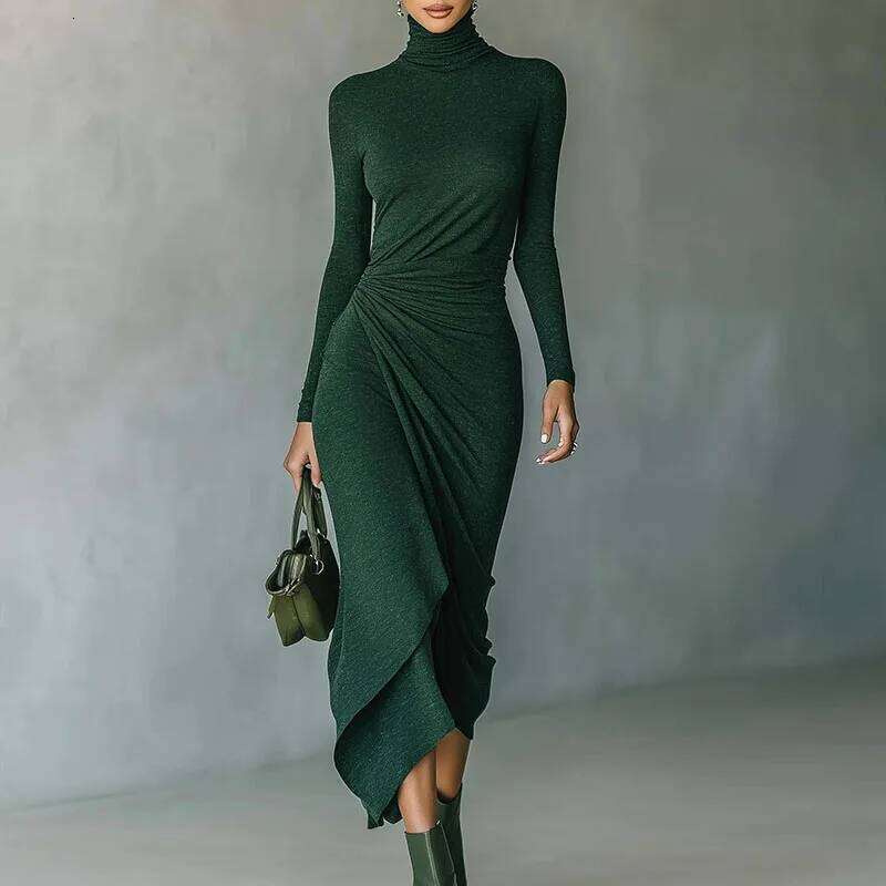 2026 Spring Casual Turtleneck Slim Irregular Woman Elegant Solid Draped New Autumn Long Sleeve Femme Boho Dress Z260311