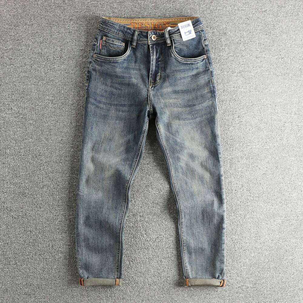 Retro blue wash-fried cat whisker jeans men's high-end custom fabric American fashion brand youth nine-point pants Z260225