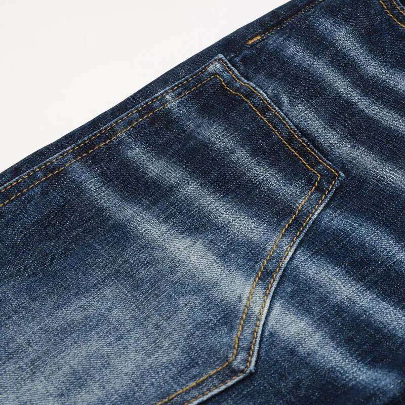 High street fashionable new men's jeans with patch, nostalgic stretch, slim fit, washed blue jeans, 's hip-ho Z260225