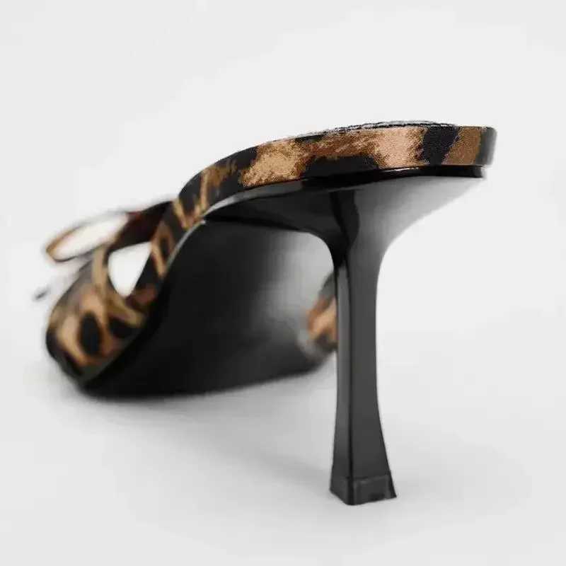 New European and American High Quality Women Shoes Bow Knot Leopard Print High Heel Slippers Women High Heel Sandals K260311