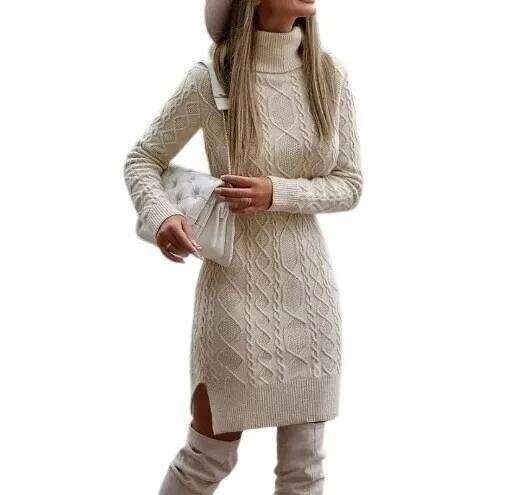 Slim-Fit Long-Sleeved Pullover Knit Collared Autumn Winter New Women's Knitted Wrap Hip Skirt Sweater Dress Z260311