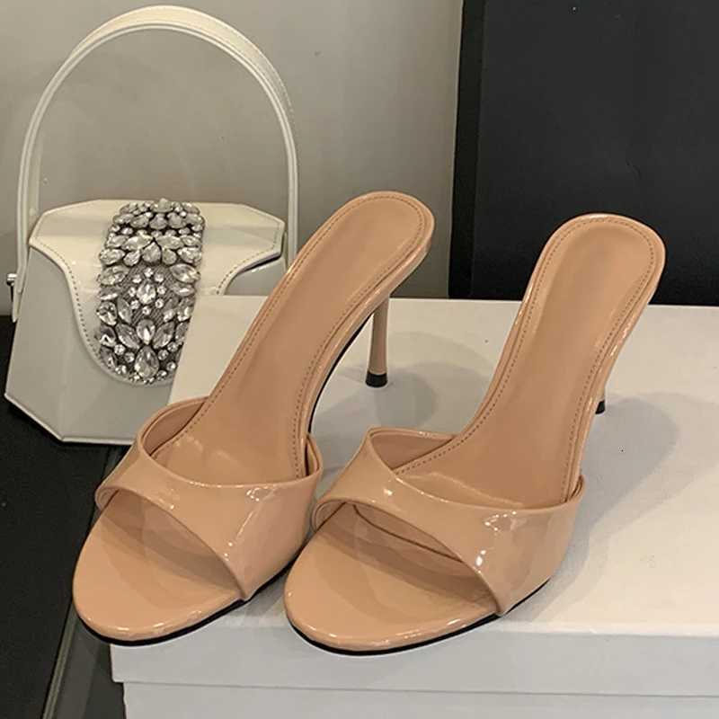 Liyke Wine Red Patent Leather Women Sandals Fashion Round Open Toe Thin High Heels Mules Slides Summer Party Dress Shoe K260311