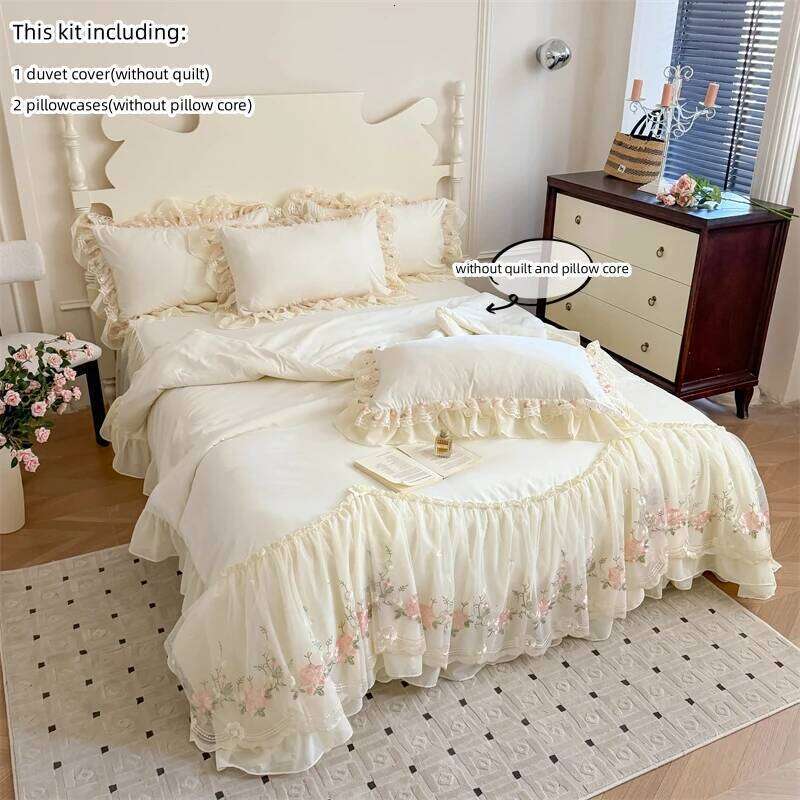 3pcs Korean style Duvet 1*Duvet Cover + 2*Pillowcase, Without Core, Lace embroidery Bedding Set H260311