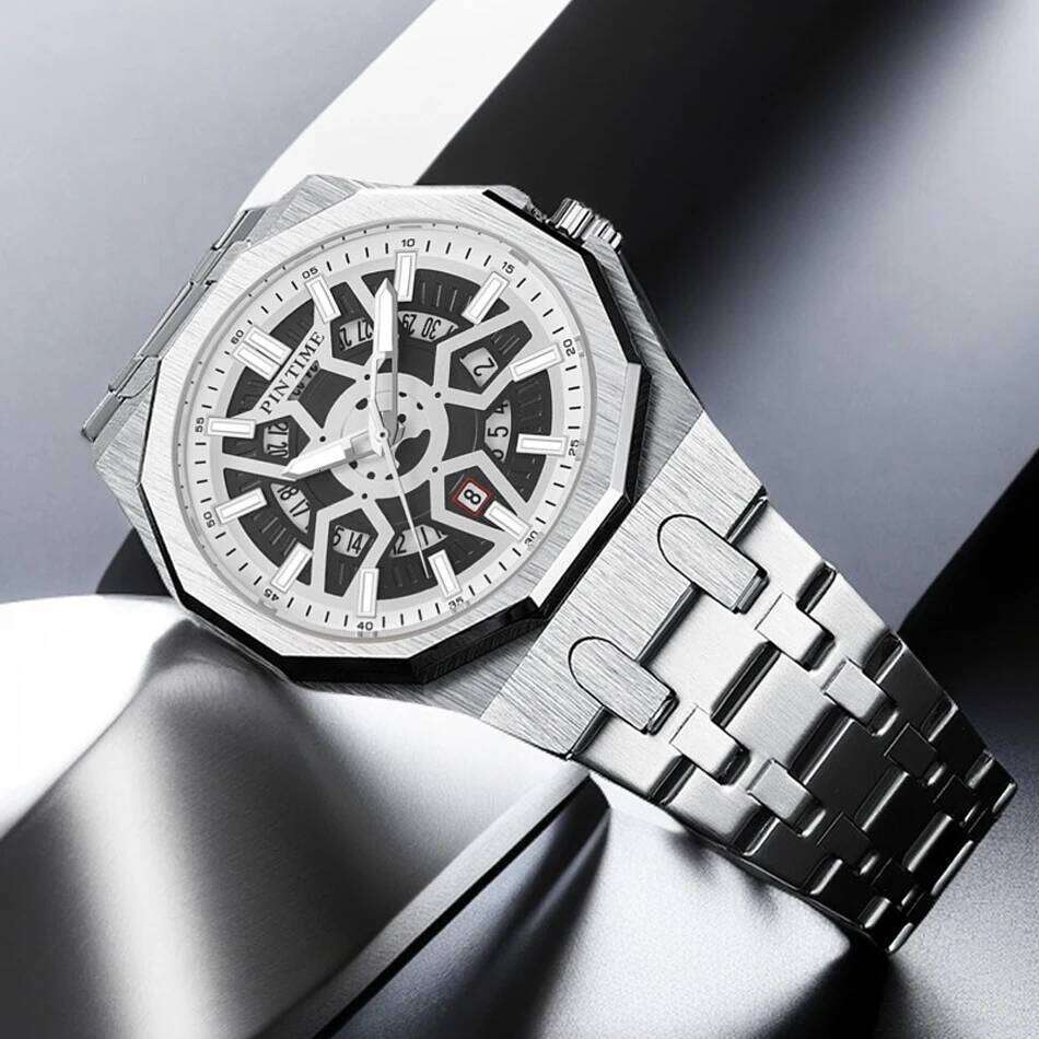 PINTIME New Alloy Skeleton Design Electric Mechanical Timepiece Luminous Date Display Men's Quartz Watch 45MM