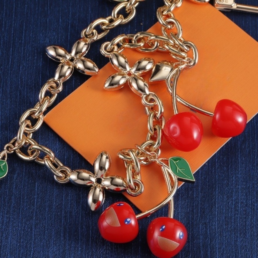 Vintage designed Red cherry pendants key chain 18K Gold plating women bags chain charm Designer Jewelry