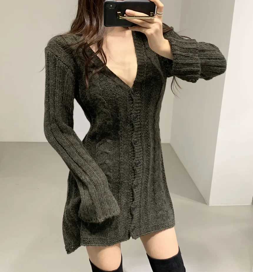 Sweater Dress for Women Long Sleeve Cable Knit Button Down Fitted Mini Dress Teen Fall Winter RETRO 90s Outfit M260311