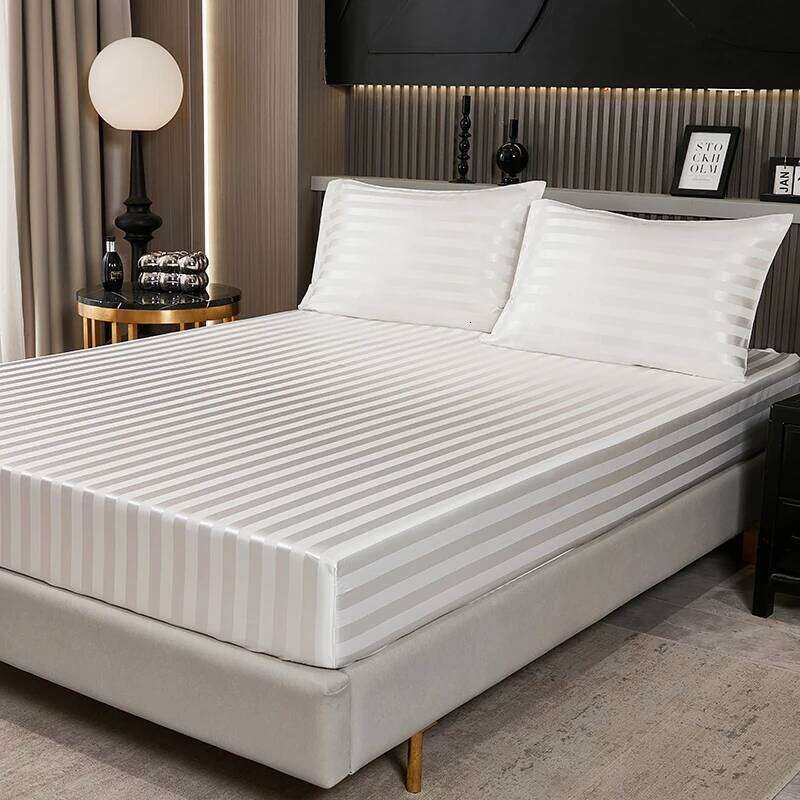 Satin Striped Bed Sheet Silk Soft Mattress Cover With Pillowcase Comfortable And Elegant Bedding H260311