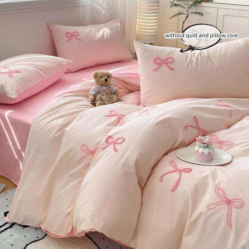 3 Piece Sheet Pink Bowknot Quilt Set, Comfortable Embroidery Bedding Set Bedspread for All Seasons H260311