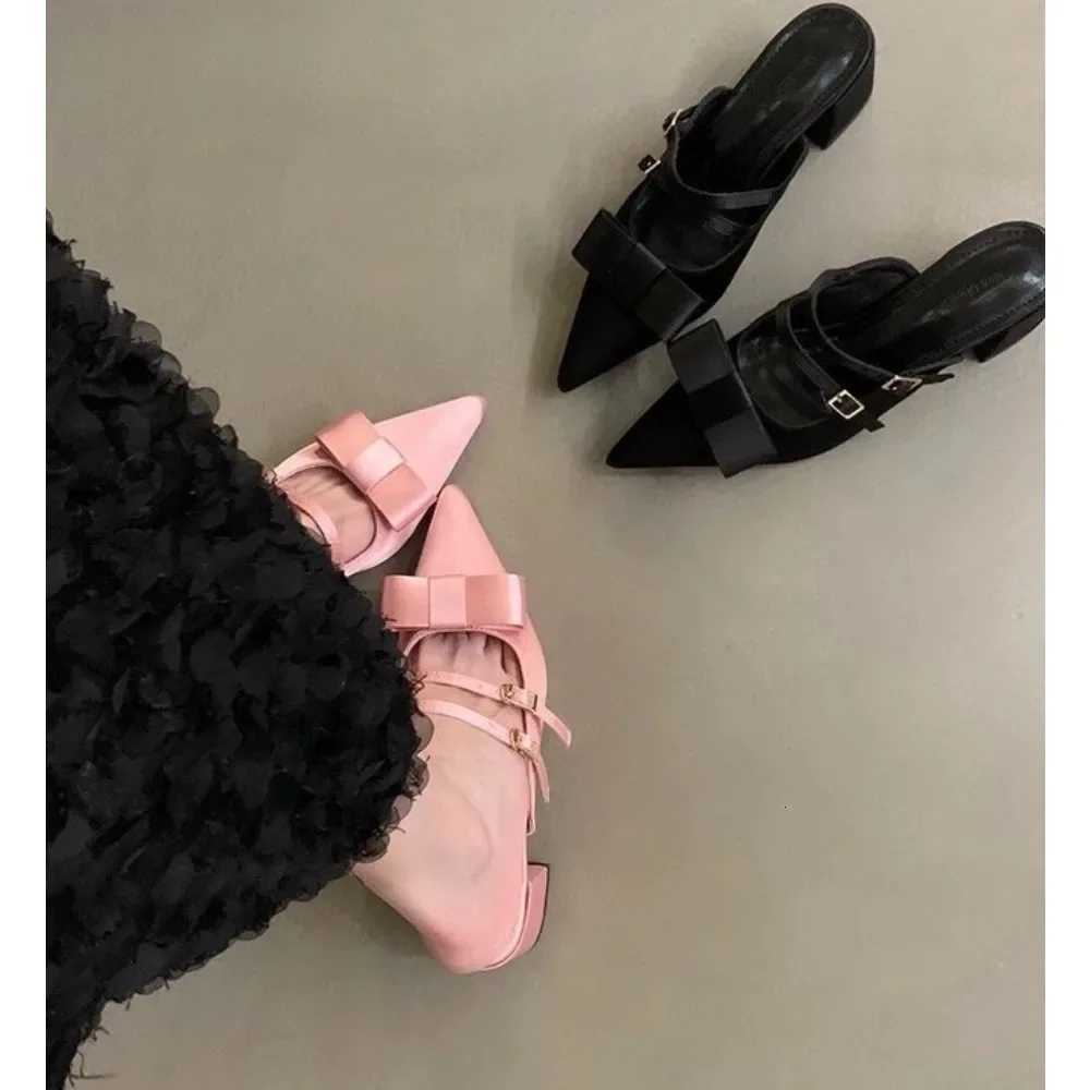 New Silk Bowknot Pointed Toe Women Sweet Elegant Mid Heel Slingbacks Shoes Female Slides Fashion Designer Sandals K260311