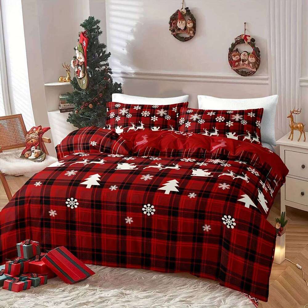 3-Piece Christmas-Themed Duvet Cover Set Soft, Breathable, and Hypoallergenic Fabric - Checkered Elk Snowflake Print Design, P H260311