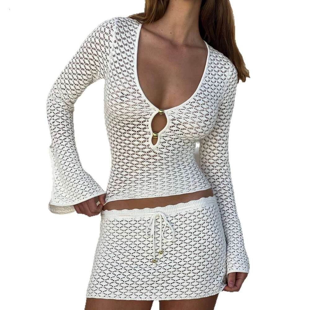 Sexy Knitted Hollow Cover-Up Beach Dress Bikini Swimsuit Sun Protection Set Women Designer
