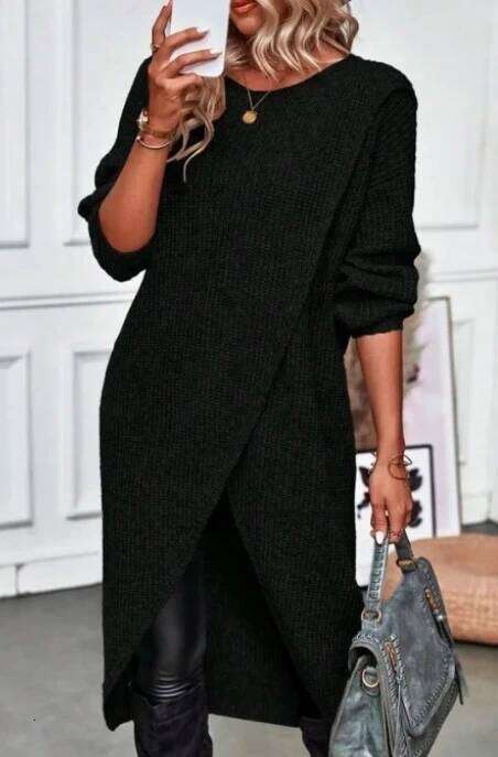 Women's Knitted 2023 Temperature Commuting Slim Fit Round Neck Irregular Long Sleeps Hand Woven Medium Pullover Dress Z260311