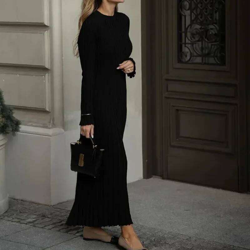 Women Elegant Solid Pleated Knitted Maxi Dress Casual Round Neck Long Sleeve Lace Up Dresses Autumn Lady High Street Robes Z260311