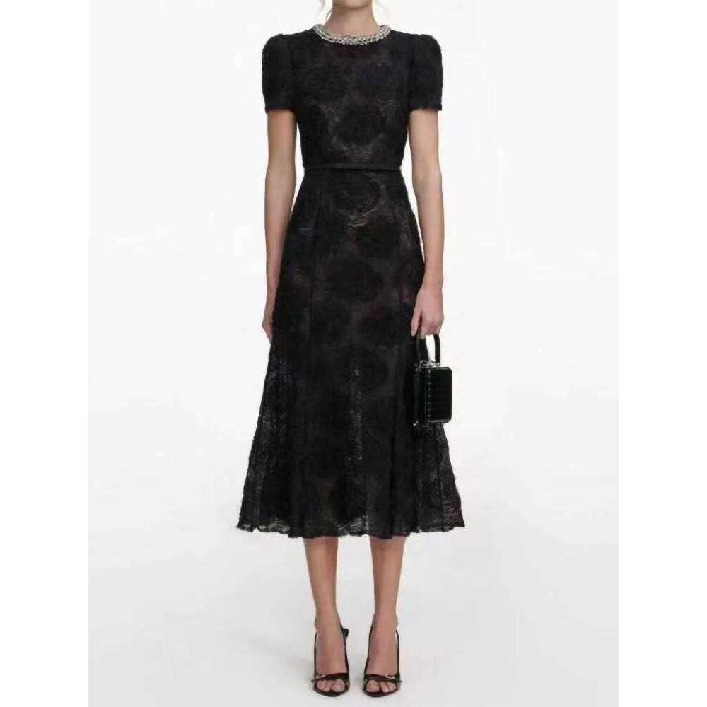 Summer New Fashion Black Rose Flower Lace Dress Women Elegant Round Neck Short Sleeve Fishtail Robe With Belt Ladies Mdng260311