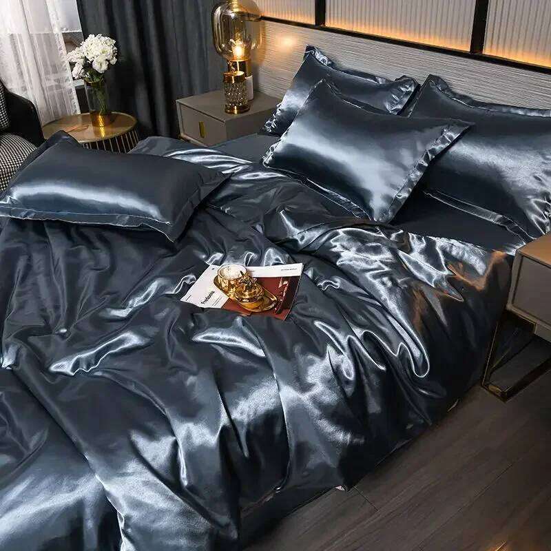 Nordic Satin Silk Bedding Set with Duvet Cover Bed Sheet Pillowcases Solid Single Double Couple Pillow Case Bedsheet H260311 - view 5