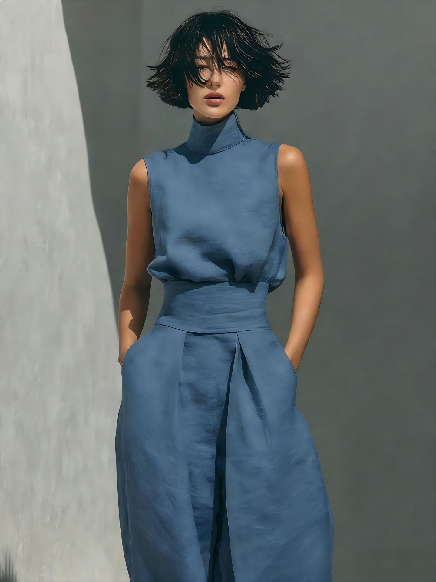 2026 Spring New Solid Color Elegant Womens Simple Cotton-Linen Blend Sleeveless Top and Wide-Leg Pants 250217