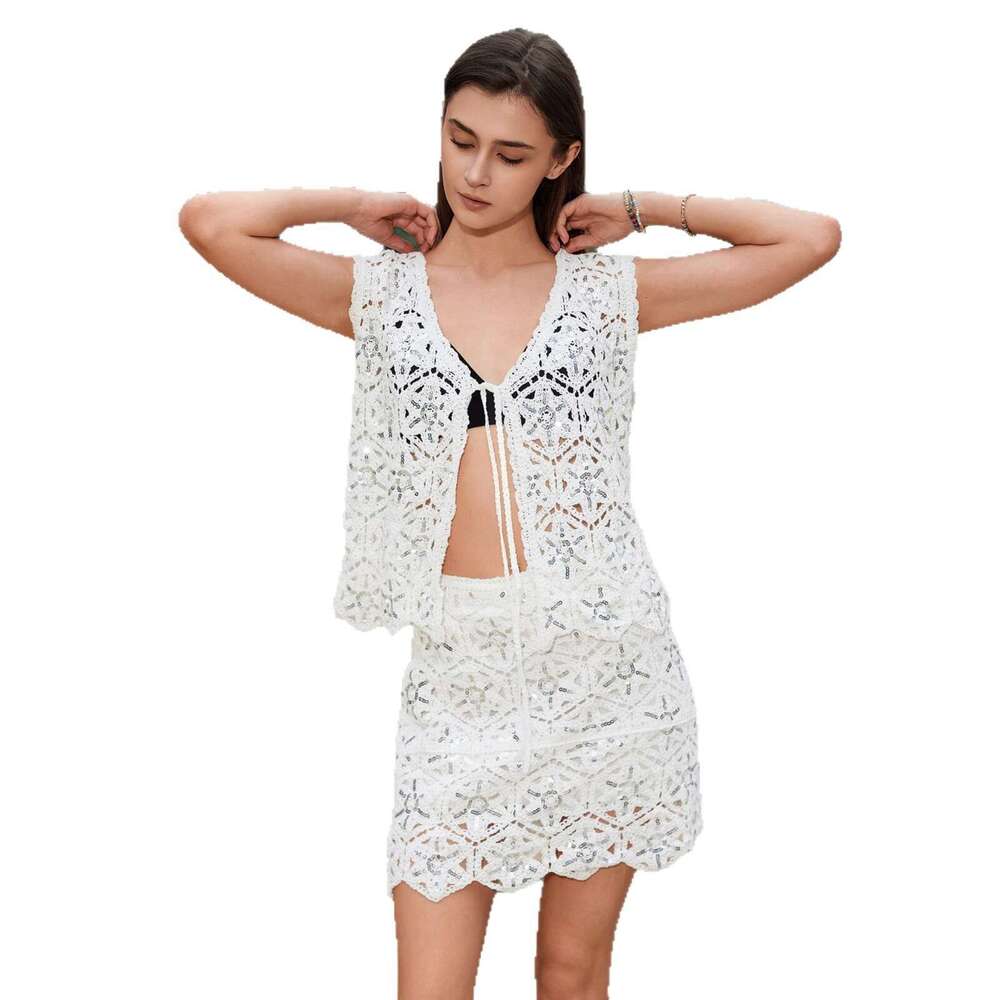 Sexy Knitted Beach Cover-Up Dress Bikini Swimsuit Sun Protection Set Women Summer Vacation