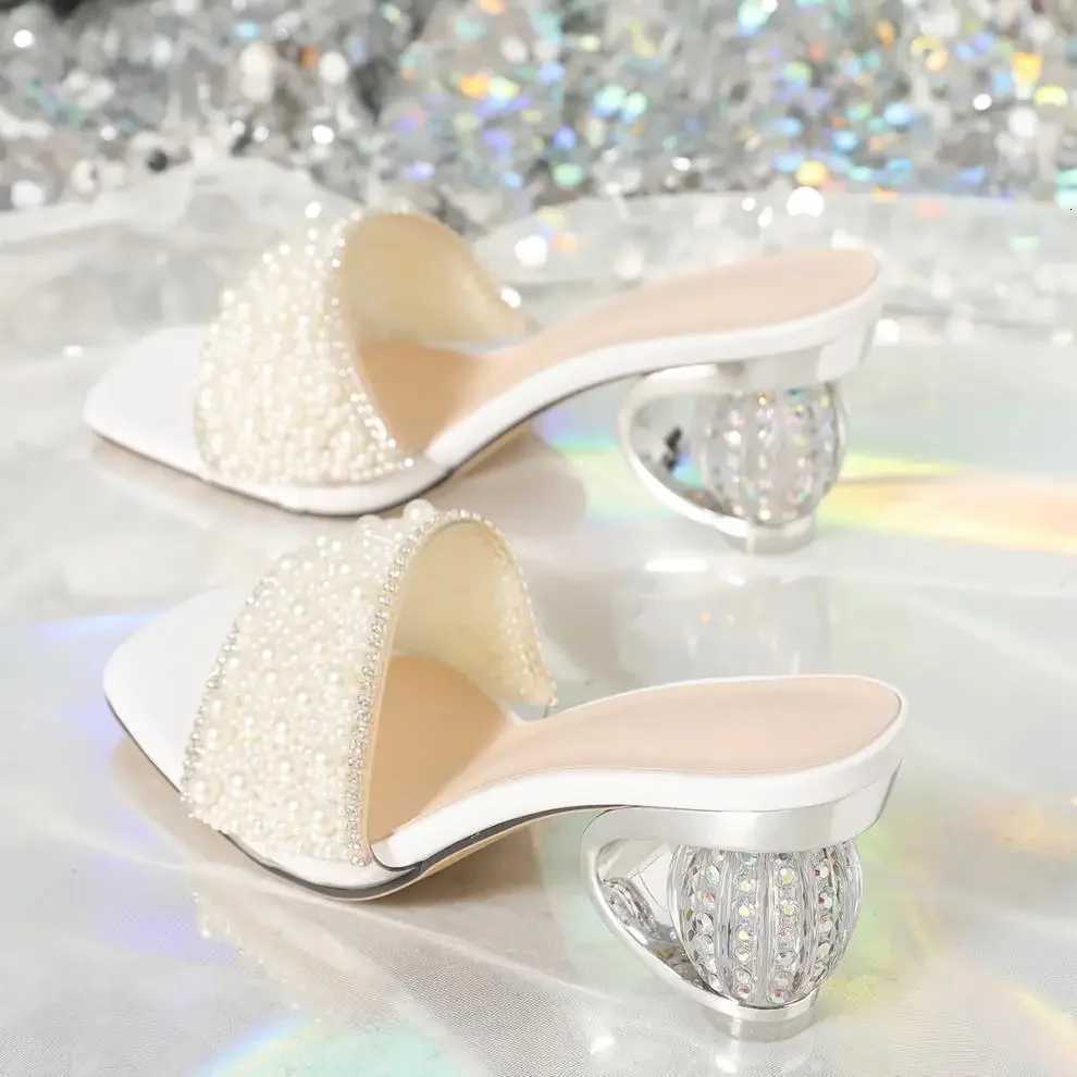 White Pearl Shiny Sandals Slippers Women Transparent Thick Bottom Party Dress Mules High Heels 2025 Summer Heeled Beach K260311