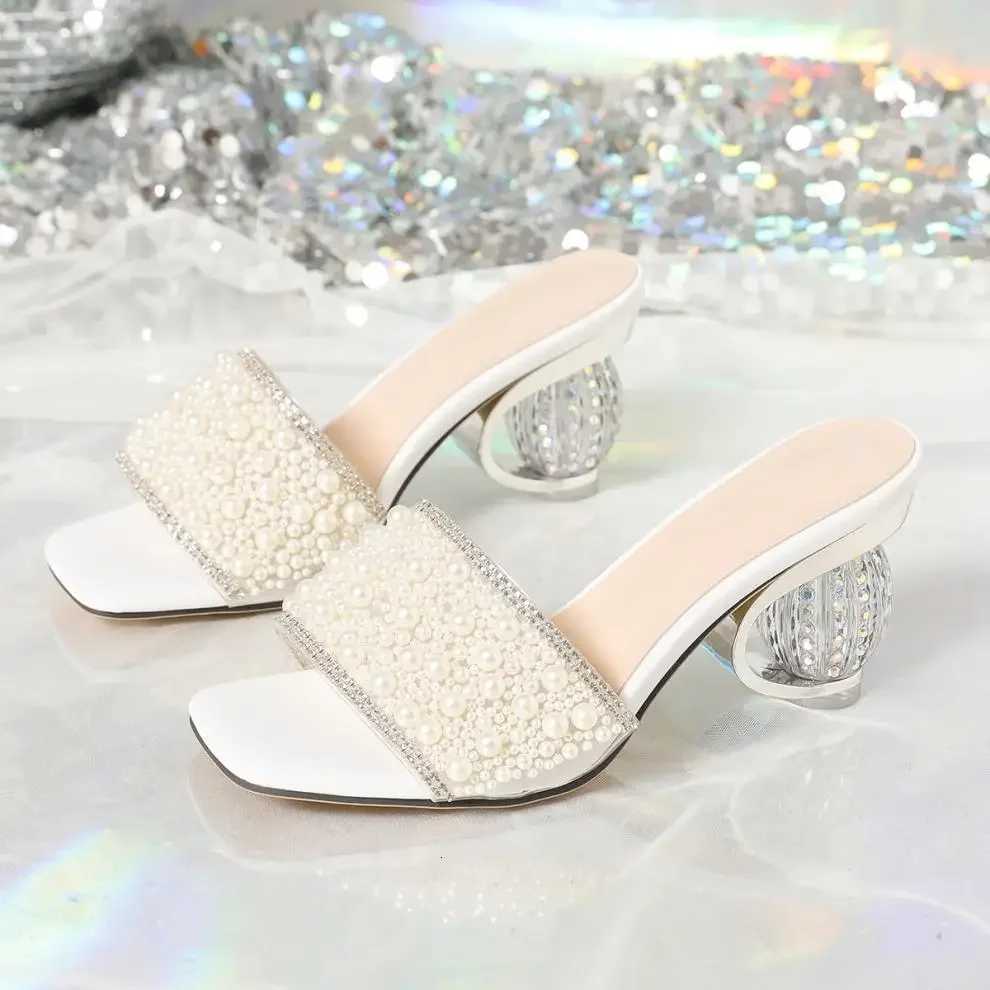 White Pearl Shiny Sandals Slippers Women Transparent Thick Bottom Party Dress Mules High Heels 2025 Summer Heeled Beach K260311