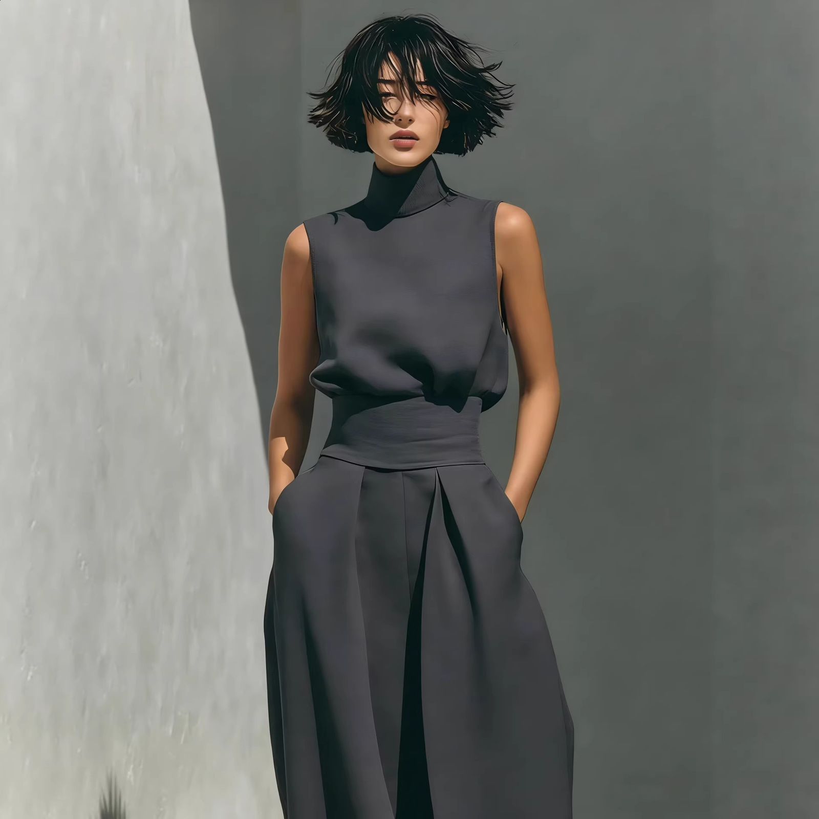 2026 Spring New Solid Color Elegant Womens Simple Cotton-Linen Blend Sleeveless Top and Wide-Leg Pants 250217