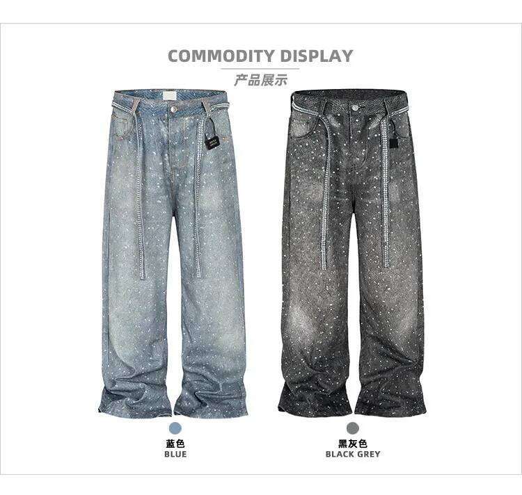 MIJKO Diamonds Denim Straight Jeans Men Women Belts Zipper Wide Leg Fashion Street Trousers 2025 Party Washed Pants ZJ074 Z260225