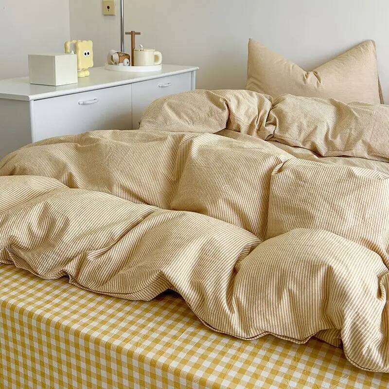 Nordic Duvet Cover with Zipper Simple Plaid Flat Sheet Pillowcases No Filler Pink Blue Hotel Twin Queen Size Bedding Set H260311