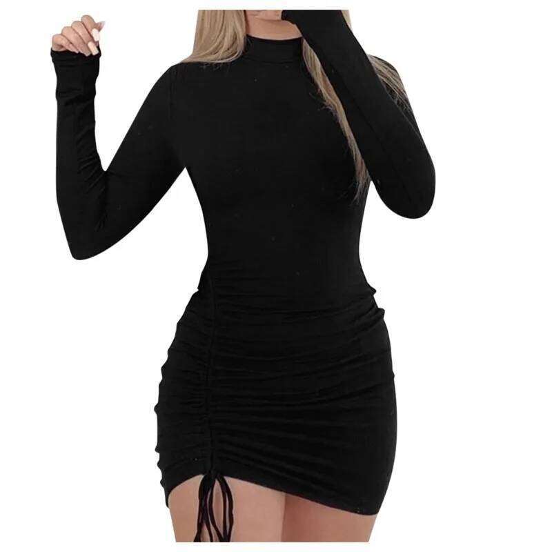 Female Dresses Outfits Women'S Dress Long Sleeve Solid Color Drawstring O-Neck Tight-Fitting Vestidos De Fiesta Elegantes 2025 Z260311