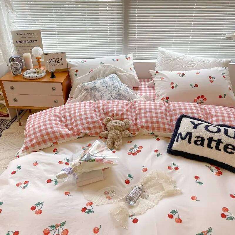 Ins Style Duvet Cover Set with Flat Sheet Pillowcases Cute Orange Cherry Crow Printed Single Double Queen Size Girls Bedding Kit H260311 - view 6