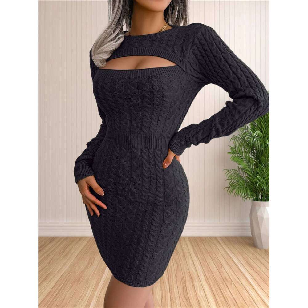 Women's Sexy Backless Cable Knit Sweater Dress Long Sleeve Bodycon Midi Dresses for Fall Winter Z260311