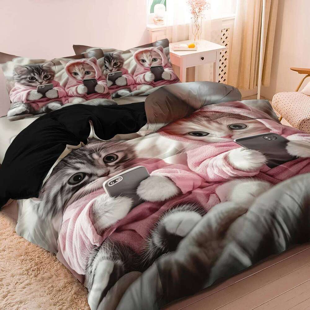 3pcs Romantic Valentine'S Day High-Grade Couple Cat Print Bedding Set, SoftComfortable Bed Duvet Cover H260311