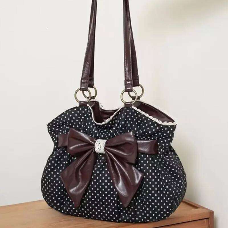 Bow Tote Women, Polka Dot Pattern With Ruffled Trim, Chic Spacious Shoulder Bag For Commute & Daily Use XJ260311