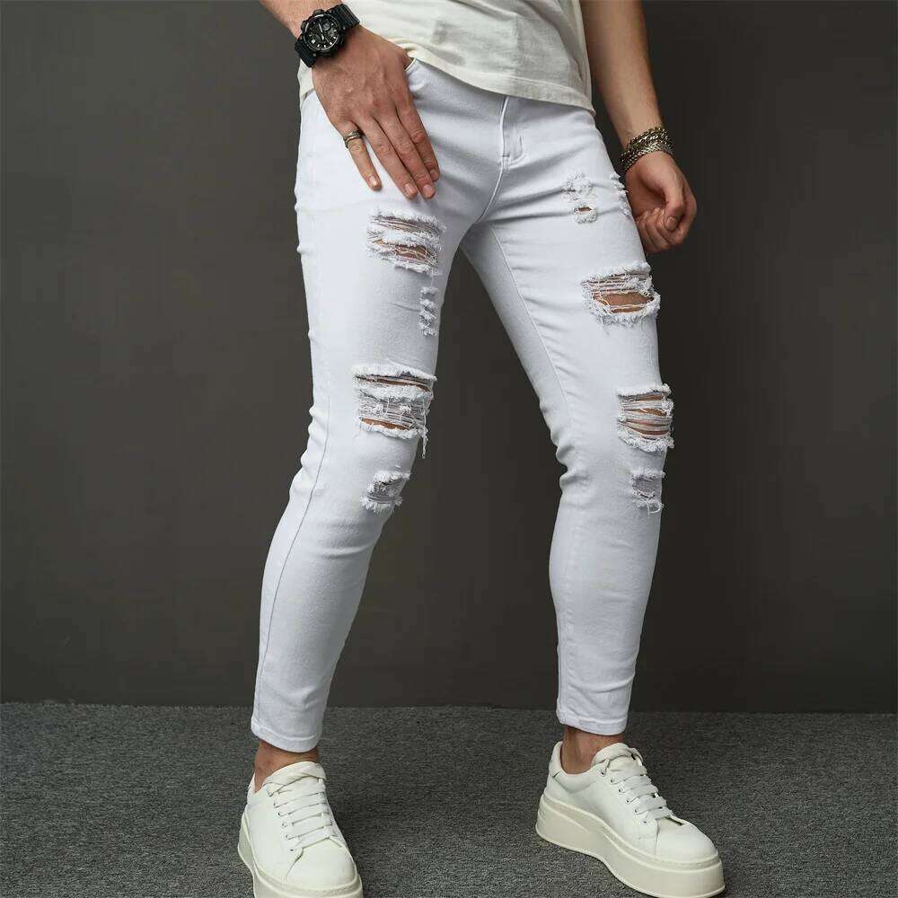 Streetwear Men Simple Style Stretch Skinny Jeans Pants Male Holes Solid Distressed Slim Pencil Denim Trousers Z260225