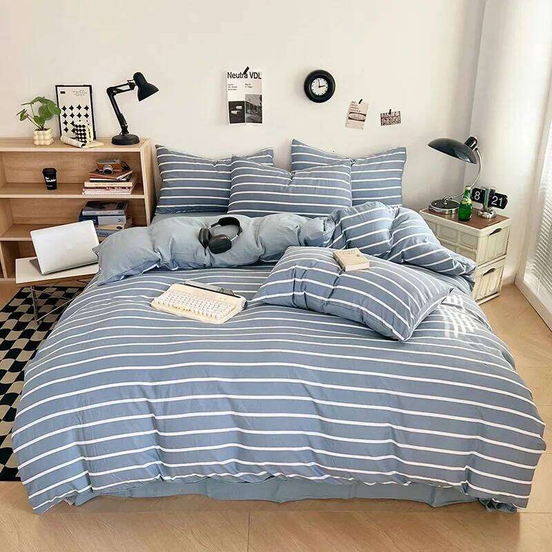 2025 new fresh washed cotton four-piece four-season universal bedding kit simple and fashionable small stripes H260311