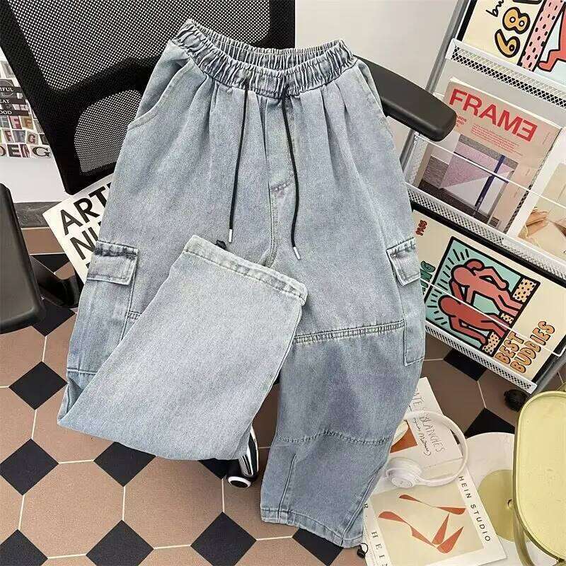 Loose Straight Long Trendy Washed Men New Elastic Waist Spring Autumn Youth Popular Fashion Jeans Big Pocket Cargo Pants Z260225