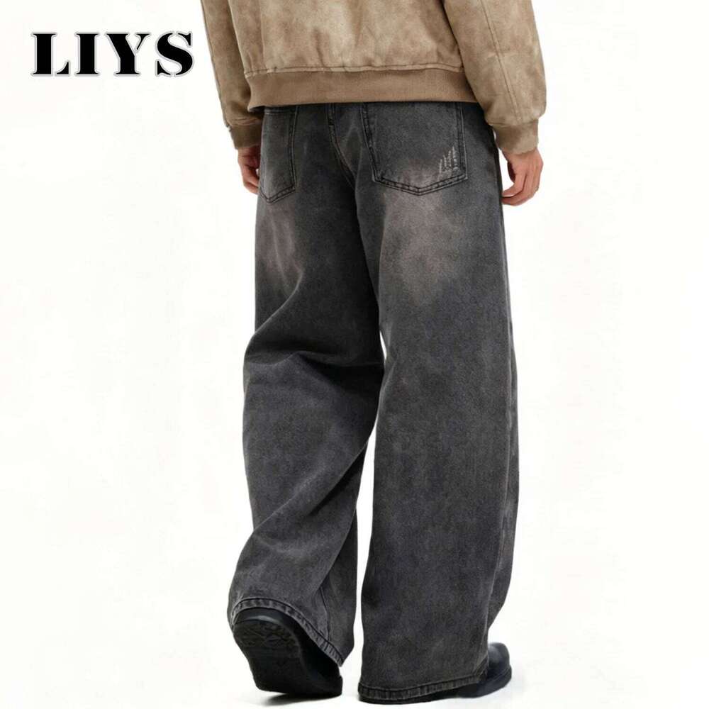 American Retro Gray Loose Wide Jeans Daily Business Casual Baggy Straight Leg Denim Pants Autumn Winter Men's Clothes Z260225