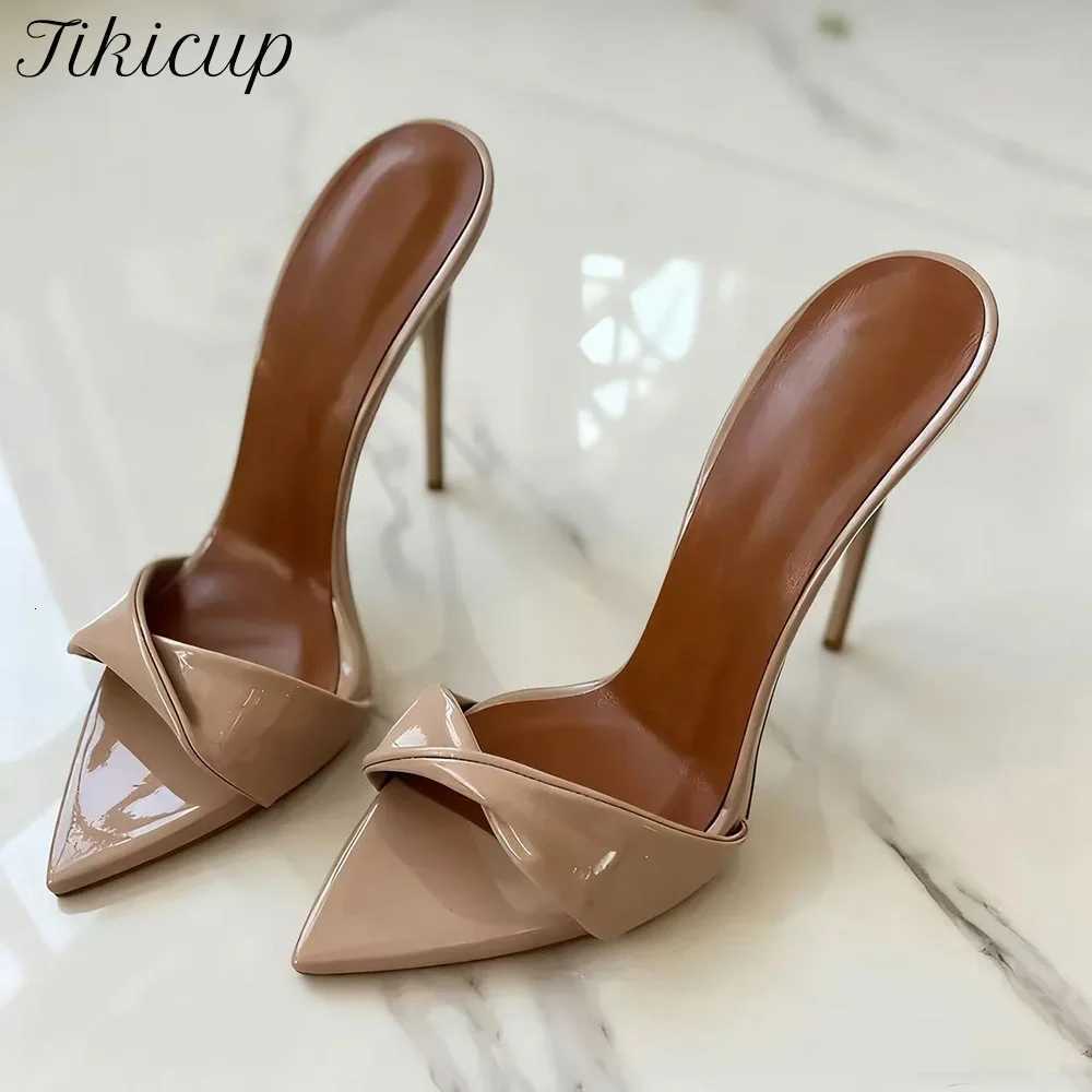 New Arrival Womens Nude Patent Leather Pointed Toe Stiletto Mules Elegant High Heel Slides for Party Catwalk Shoes K260311