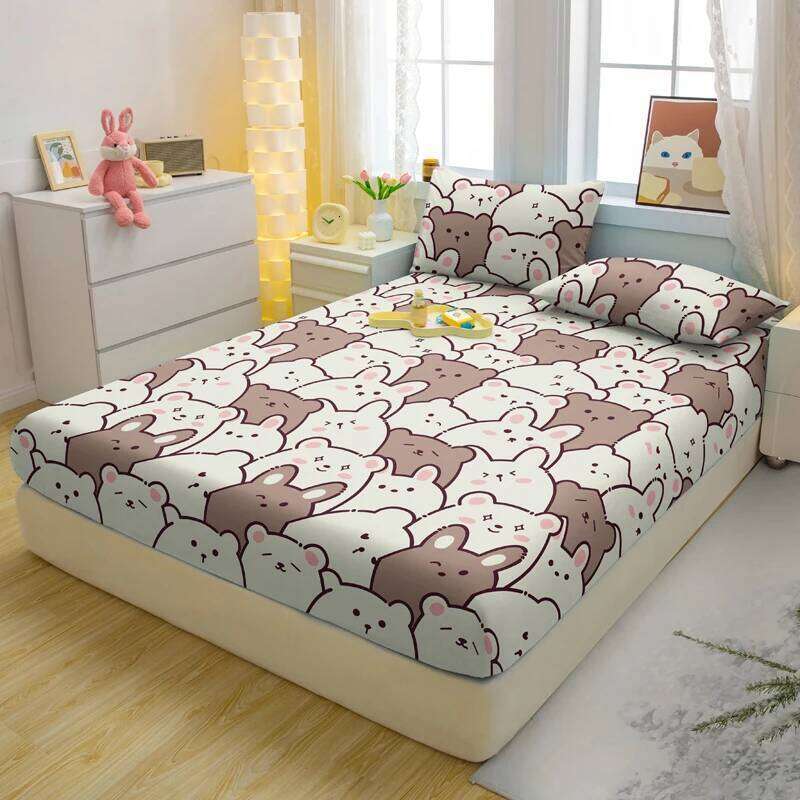 3-piece cartoon fun bear pattern matte three piece fitted sheet bedroom printed bed cover set, bedding H260311