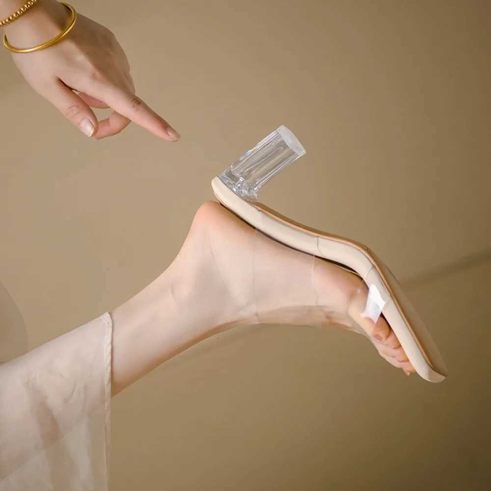 New Soft Padded Crystal Heeled Mules Woman Transparent Sandals Ladies Fashion Slip-on Square Toe Low Heel Clear Slipper Shoes K260311
