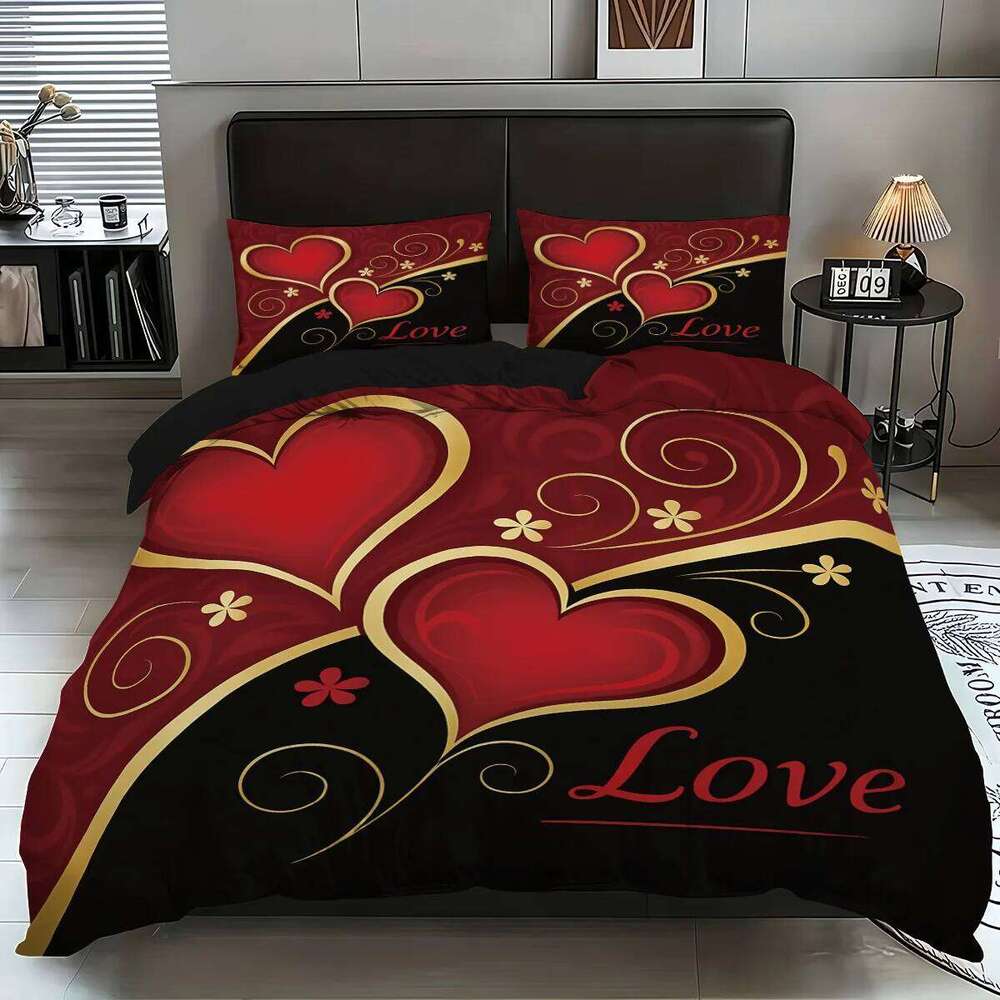 3pcs 1 duvet cover, 2 pillowcases, coreless, black and red Valentine's Day heart, Love design printed pattern bedding set H260311