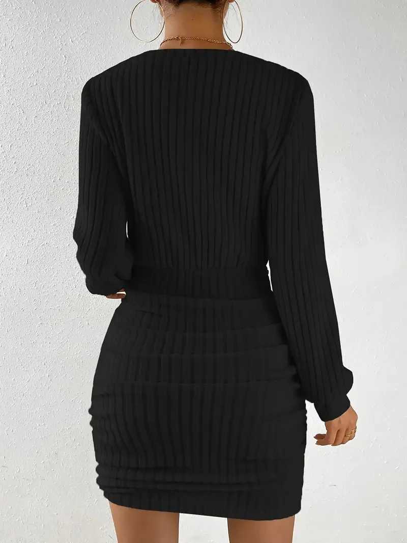 Womens Autumn Winter Knitted Sweater Mini Dress Female Casual Solid Wrap V-neck Long Sleeve Warm Bodycon Short Dresses Robe M260311