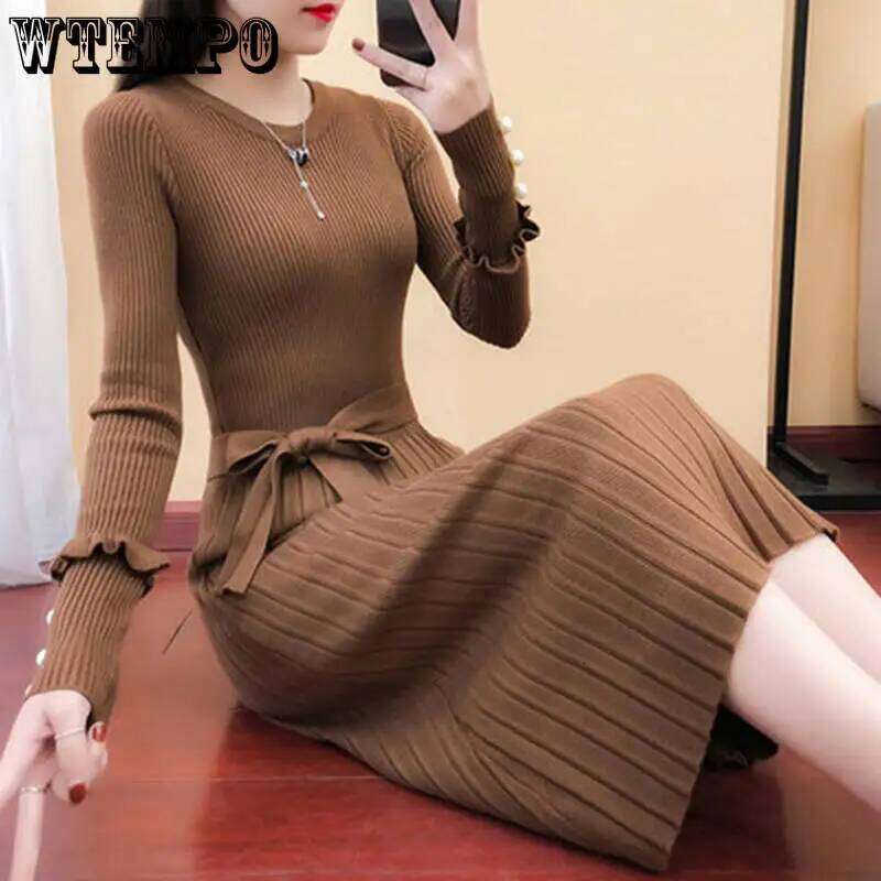 WTEMPO Korean Fashion Slim Crew Neck Sweater Dress Women Elegant Belted Sleeve Pleated Knitted Long Dresses Z260311