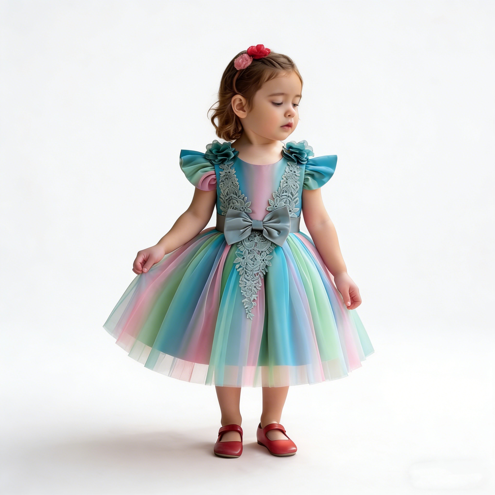 Girls Toddler Green Rainbow Tulle Princess Dress Kids Lace Bow Back Wedding Party Gown Children Formal Evening Prom Dress for Birthday Pageant Photo S