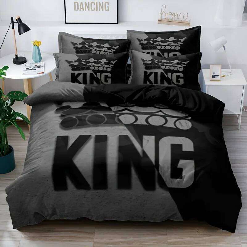 Grey Black King Size Bed Pattern Down Duvet Cover Set, Soft Comfortable Bedroom and Dormitory Decoration Bedding Set H260311