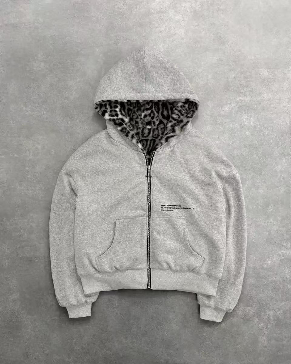 Men's Jackets fall Winter Loose retro leopard-print zipper hoodie both sides wesr Hoodie Collar Unisex High Street Streetwear Y2K