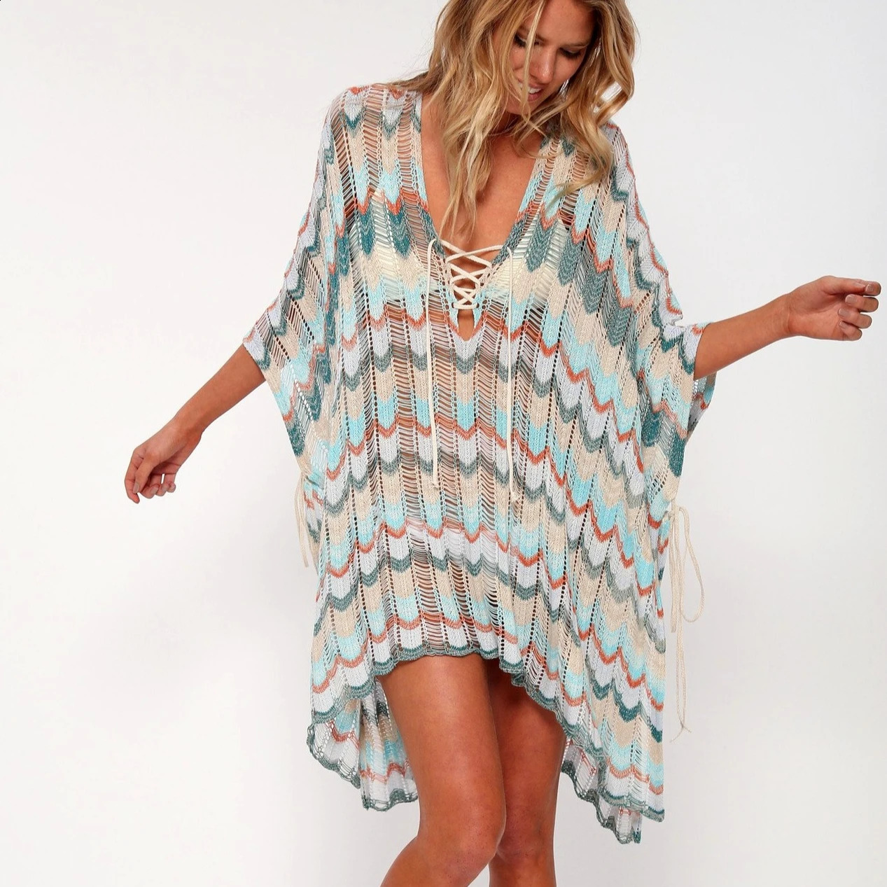 Cotton Crochet Tunic Mini Dresses Women Cover Up Bikini Sexy Hollow Out Deep V Neck Lace-Up Summer Vestidos Boho Beach Robe260228