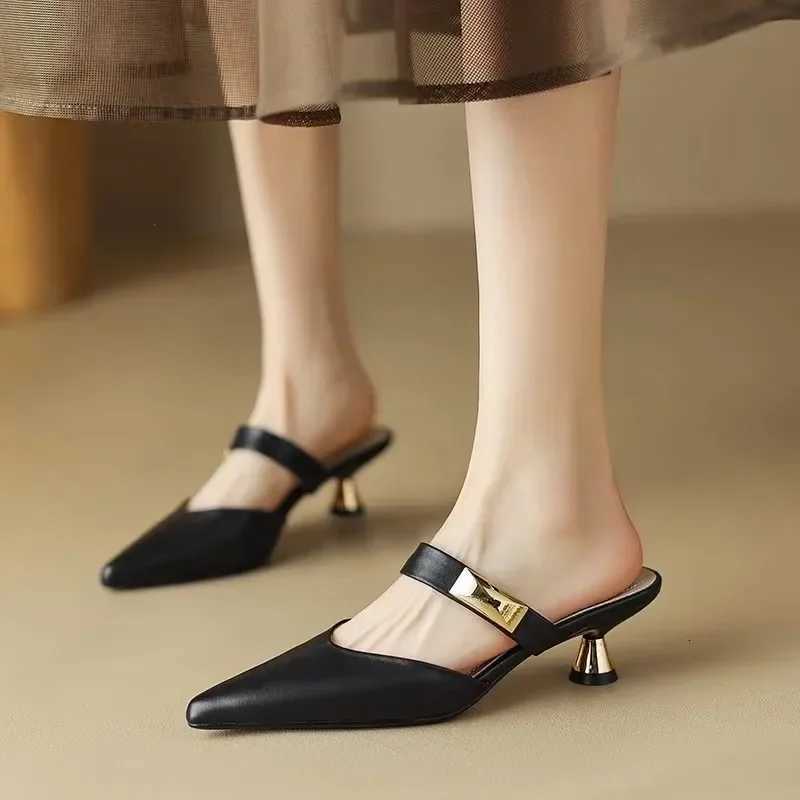 Women Kitten Heels Mules Golden Pointed Toe Summer Sandals Fashion Beige Ladies Casual Med Heels Shoes K260311