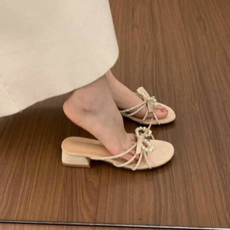 Crystal Beaded Womens Sandals Slippers Woman Shoes 2025 Summer Chunky Dress Shoes Open Toe Flip Flops Mujer Slides K260311