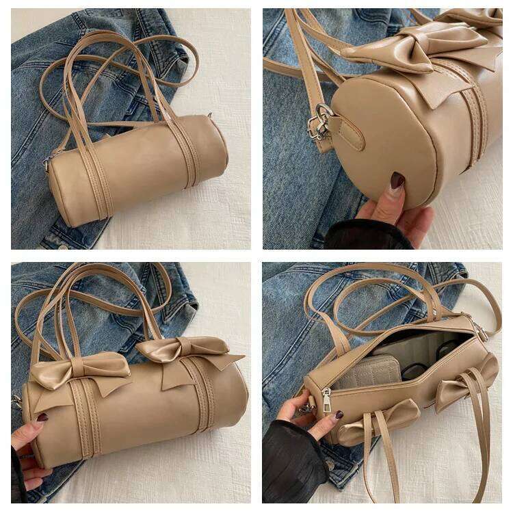 Elegant Bow Women's Small Pillow Handbags Pu Leather Ladies Shoulder Underarm Bags Barrel-shaped Purse Female Tote Crossbody Bag XJ260311